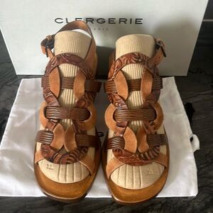 Clergerie Paris Carmel Cognac Brown Leather Sandals 37 6.5 7